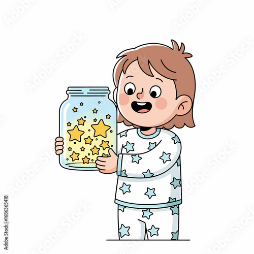 Flat vector cartoon child holding jar of glowing stars