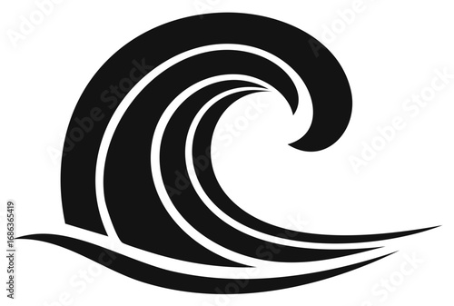 Black and white illustration of an ocean wave with a crest. Isolated on white background.