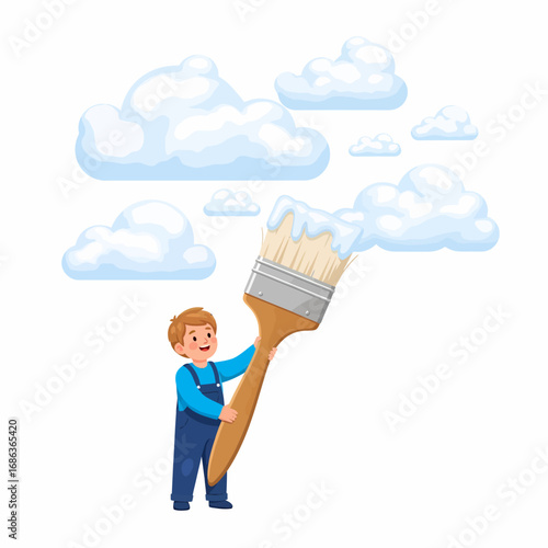 Flat vector boy painting clouds with white paint