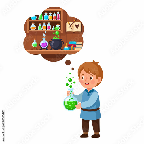 Cute boy dreaming of magical potions in a wizard lab