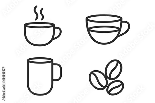 Coffee cup and mug outline icon set. Simple line art vector collection for cafe menu or coffee shop. Minimalist hot drink, beverage, and coffee bean symbols illustration.