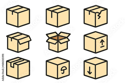 Shipping box icon set. Parcel delivery and logistics service pictograms. Vector carton packaging symbols. Open, closed, damaged, and fragile signs for cargo, moving, web, apps.