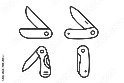 Simple folding knife line icon set. Collection of pocketknife vector symbols. Includes open and closed blade positions. For camping, hiking, survival tool, and utility concepts.