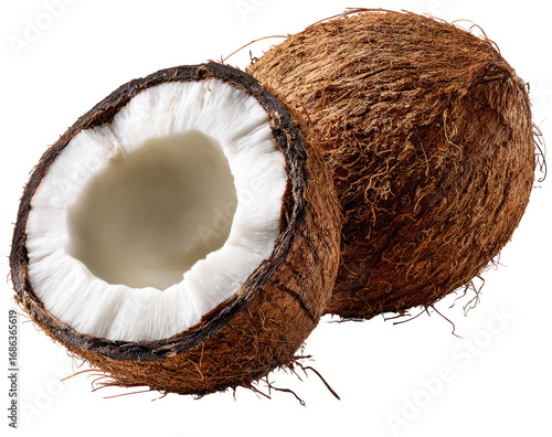 Two coconuts, one halved, showing the white interior (1)