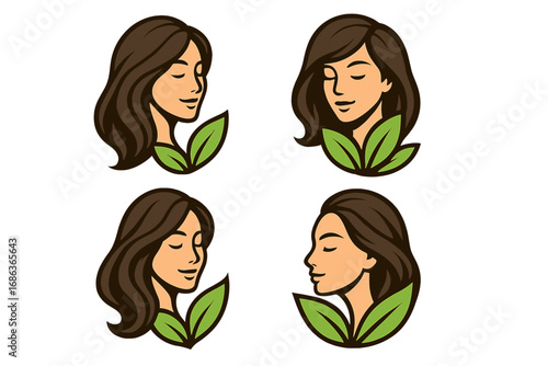 Set of beautiful woman face logo illustrations for natural cosmetics, spa, and wellness. Vector cartoon graphic of a female head with leaves for eco-friendly beauty branding.