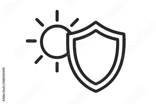 Sun and shield icon. UV protection concept. Sunscreen safety symbol. Solar radiation defense. Summer skin care and sunblock. Heat resistant pictogram. Security and protection logo.