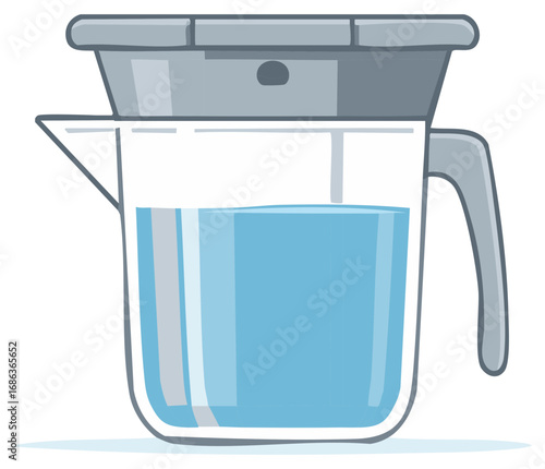 Clear Pitcher Illustration Filled with Fresh Water, Grey Lid and Handle,  Cool Drink, Hydration Concept