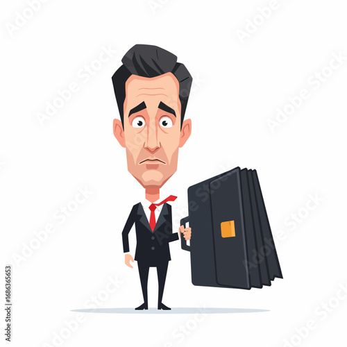 Flat vector anxious businessman holding briefcase worries
