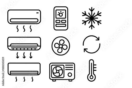 Air conditioning line icon set. Vector symbols of cooling, heating, and ventilation systems. Climate control pictograms: conditioner, fan, remote, thermometer. Editable stroke.