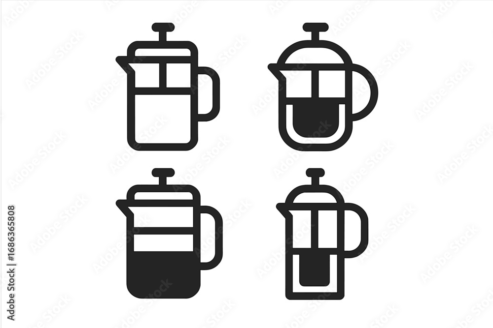 Minimalist coffee press icons set featuring diverse French press designs, vector cartoon illustration with transparent background, ordered set for café and coffee lovers Minimalist coffee press icons set featuring diverse French press designs, vector cartoon illustration with transparent background, ordered set for café and coffee lovers