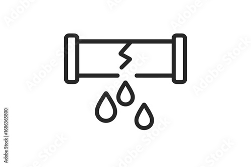 Broken pipe with leaking water drops icon. Plumbing problem symbol. Concept of pipeline damage, leakage, and emergency repair service. Simple line art vector illustration.