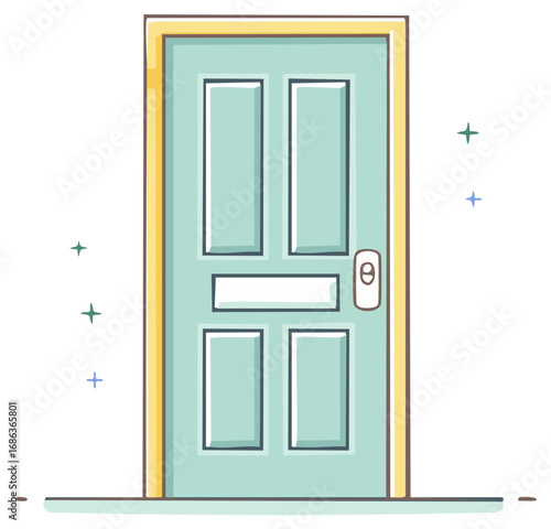 Illustration of a Blue Front Door with Handle and Sparkling Stars