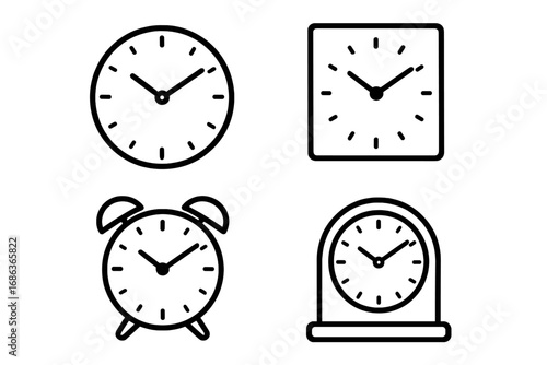 Minimalist collection of various clock designs in simple line art style, vector cartoon illustration with transparent background, ordered set of wall, alarm, and mantel clocks