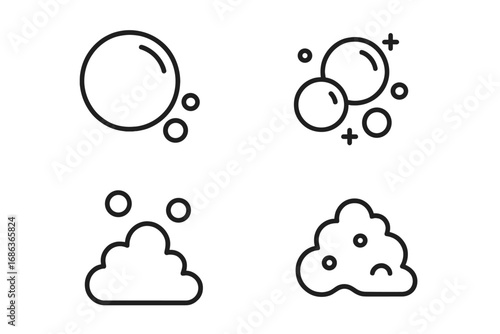 Bubble line icon set. Soap foam, suds, and lather vector collection. Clean, wash, shampoo symbol. Abstract fizzy water, soda pop, and carbonated drink graphic elements.