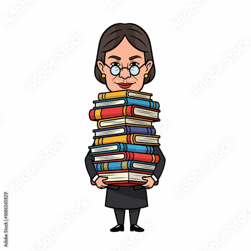Cartoon woman holding tall stack of books