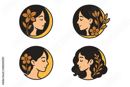Set of elegant woman face logo designs with flowers. Vector illustration for beauty salon, spa, cosmetics. Natural feminine beauty concept. Collection of circular icons.