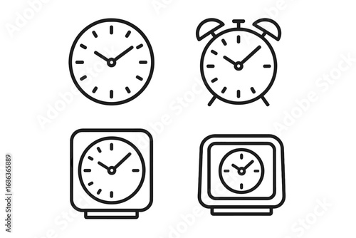 Minimalist Collection of Clock and Alarm Clock Line Art Designs, Simple Vector Cartoon Set of Various Timepieces with Transparent Background, Ordered Set of Classic Clock Icons