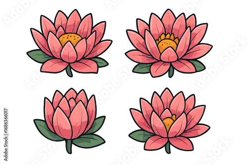 Set of four pink lotus flowers. Vector cartoon illustration of water lily blossom and bud. Botanical collection for yoga, spa, wellness, and beauty design. Sacred floral icon.
