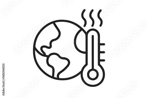 Global warming and climate change concept. Planet Earth with hot thermometer icon. Environmental disaster, ecology problem, high temperature and greenhouse effect vector symbol.