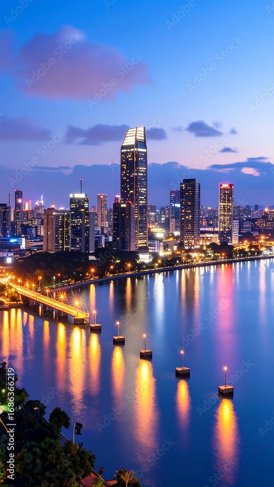 Obraz premium A vibrant cityscape at dusk, illuminated by the lights of numerous buildings reflected in the tranquil waters of a river, showcasing a modern urban landscape at night.