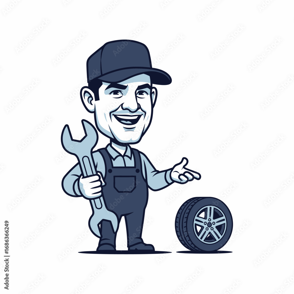 Obraz premium Cartoon mechanic with wrench and car tire illustration