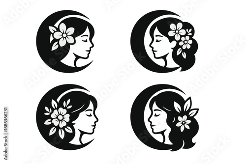Set of woman face logo designs with flower in hair. Feminine silhouette in crescent moon for beauty salon, spa, cosmetics. Vector goddess profile icon. Natural wellness emblem.
