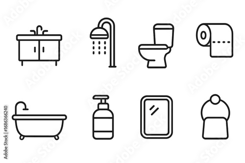 Modern bathroom and washroom line icon collection. Vector symbols of furniture and sanitary objects like toilet, shower, bathtub, sink, mirror, soap, and toilet paper.