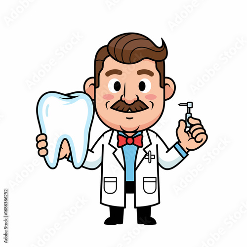 Cartoon dentist holding tooth and drill dental care