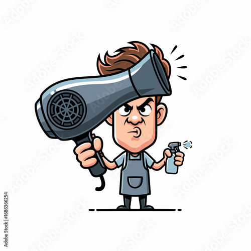 Cartoon barber drying hair with hairdryer and spray bottle