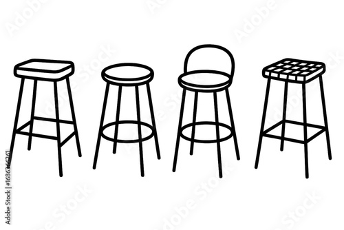 Minimalist Line Art Bar Stools Collection, Vector Cartoon Illustration, Transparent Background, Modern Seating Set, Simple Furniture Design, Home and Bar Decor