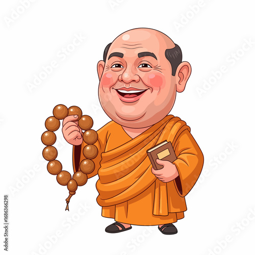 Cartoon monk holding prayer beads and book smiling