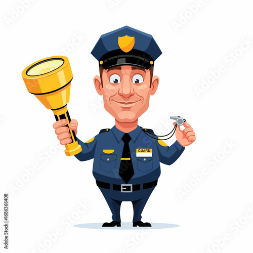 Cartoon police officer holding flashlight and whistle