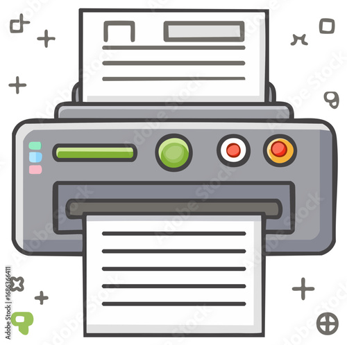 Cartoon illustration of a printer printing paper with green button