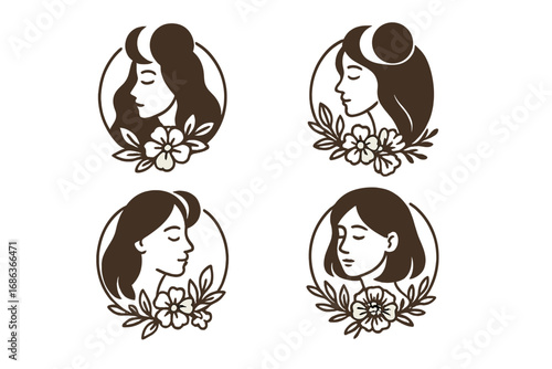 Woman face floral logo set. Line art head silhouette with flower. Beauty salon icon. Moon phase eclipse emblem. Nature feminine mystic vector. Wellness spa cosmetic brand identity.