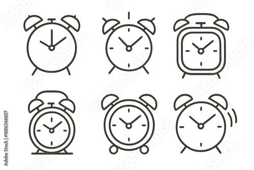 Minimalist line art alarm clock collection with six unique stylish vintage alarm clock designs, vector cartoon illustration, simple black outlines, transparent background, ordered set