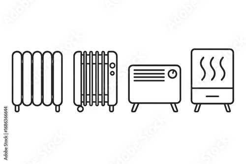 Minimalist line art heaters set with diverse designs and styles, including classic radiator, oil-filled, convection, and electric room heaters, vector cartoon illustration on transparent background