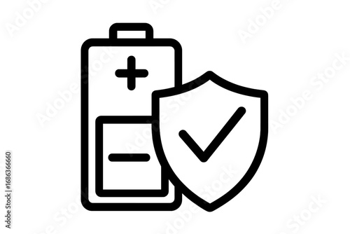 Battery protection icon with shield and check mark. Power safety and security concept. Vector line symbol for reliable energy, charging station, and guaranteed power supply.