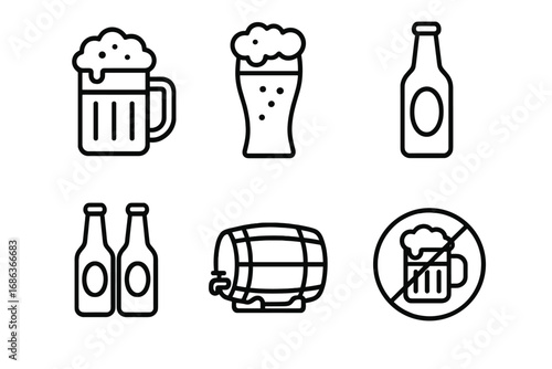 Beer icon set simple line art collection. Vector outline symbols for pub menu or bar. Drink and beverage concepts. Mug, glass, bottle, barrel keg and no alcohol sign.