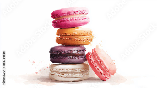 Stack of macaron cookies, watercolor painting vector, isolated on white background.