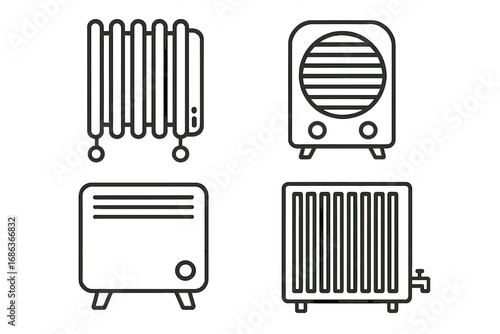 Minimalist line art heaters set with various designs and styles, electric and radiator heating appliances, vector cartoon illustration with transparent background, ordered icons collection