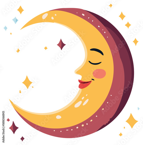Whimsical sleeping crescent moon face with sparkling stars cartoon illustration