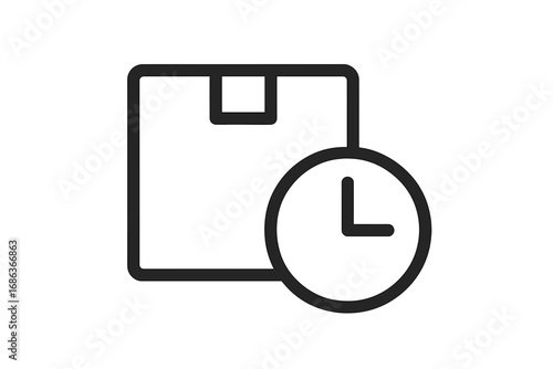 Delivery time icon. Shipping schedule, package processing time symbol. Logistics, order fulfillment and fast delivery concept. Box and clock vector line art illustration.