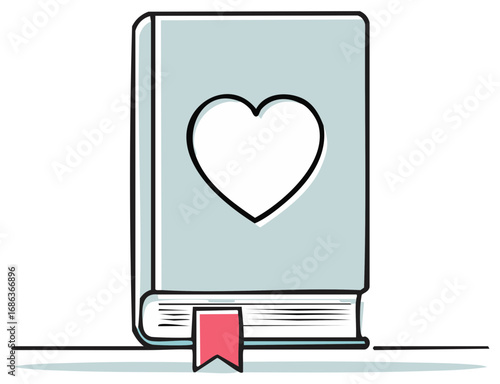 Illustrated book with heart on cover and bookmark, showing love for reading