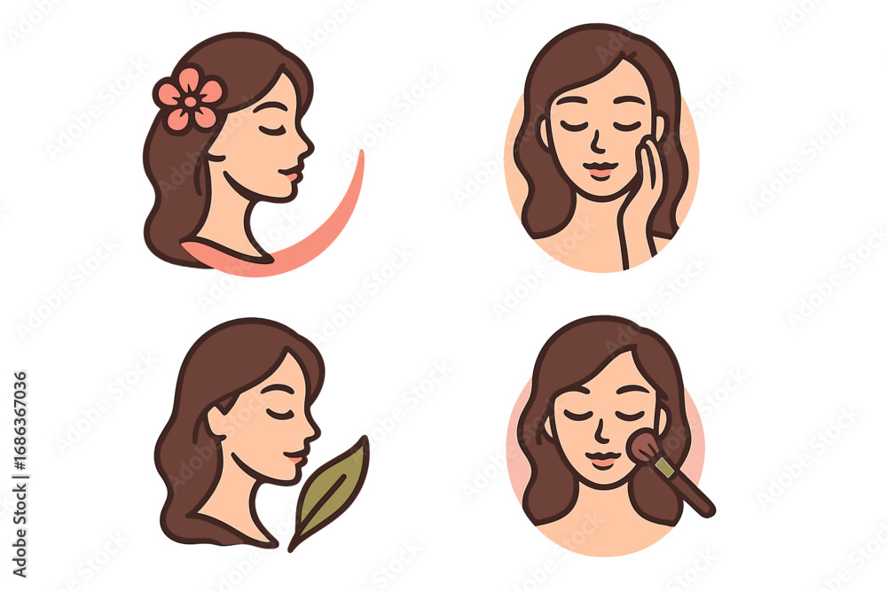 Woman beauty routine icon set. Skincare, cosmetics and makeup concepts. Girl with flower, applying cream, natural organic product with leaf, using brush for powder or blush. Woman beauty routine icon set. Skincare, cosmetics and makeup concepts. Girl with flower, applying cream, natural organic product with leaf, using brush for powder or blush.
