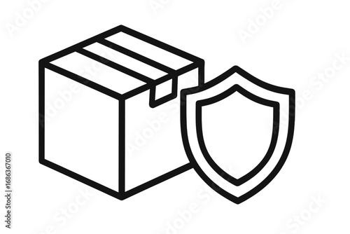 Package protection icon. Concept of shipping insurance, secure delivery. Box and shield symbol for cargo safety, product warranty, safe transport, logistics guarantee, order.