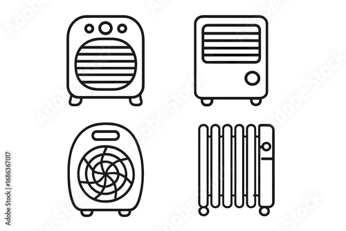 Minimalist line art icons of various portable heaters, electric heaters and radiators, vector cartoon illustration set with transparent background, home appliances and warming devices collection