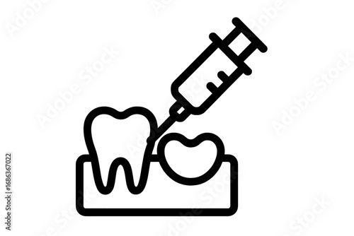 Dental anesthesia line icon. Tooth injection with a syringe for pain relief before oral surgery or wisdom tooth extraction. Stomatology concept. Vector graphic illustration.
