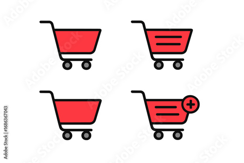 Set of red shopping cart icons. E-commerce trolley pictogram for online store. Add to cart button symbol for web design, app interface and checkout process. Vector illustration.