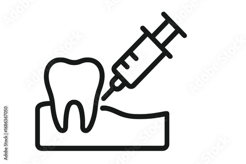 Anesthesia injection on tooth icon. Syringe with anesthetic. Concept of dental treatment, oral surgery, stomatology, pain relief, local anesthesia, nerve block. Vector line.