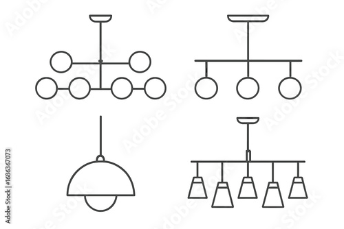 Minimalist line art modern chandelier light fixtures collection, elegant ceiling lamps set, contemporary pendant lighting vector illustration, transparent background, simple ordered display